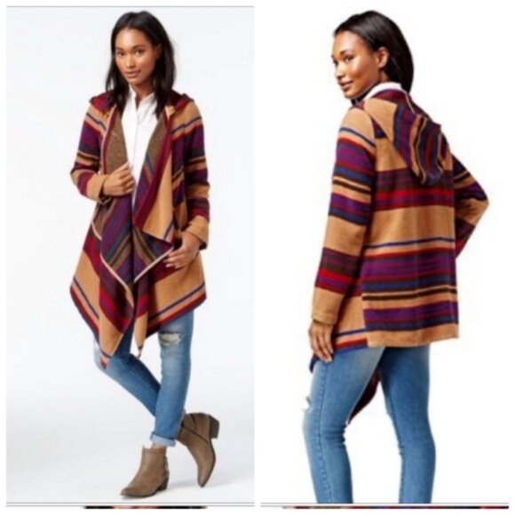 Maison Jules Wool Blend Hooded Cape Jacket Tan Multicolor Striped Coat Small - Picture 1 of 7